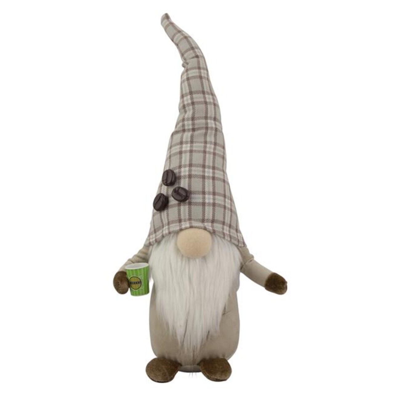 Northlight 35118107 14 in. Beige Plaid Coffee Bean Gnome with Coffee Cup